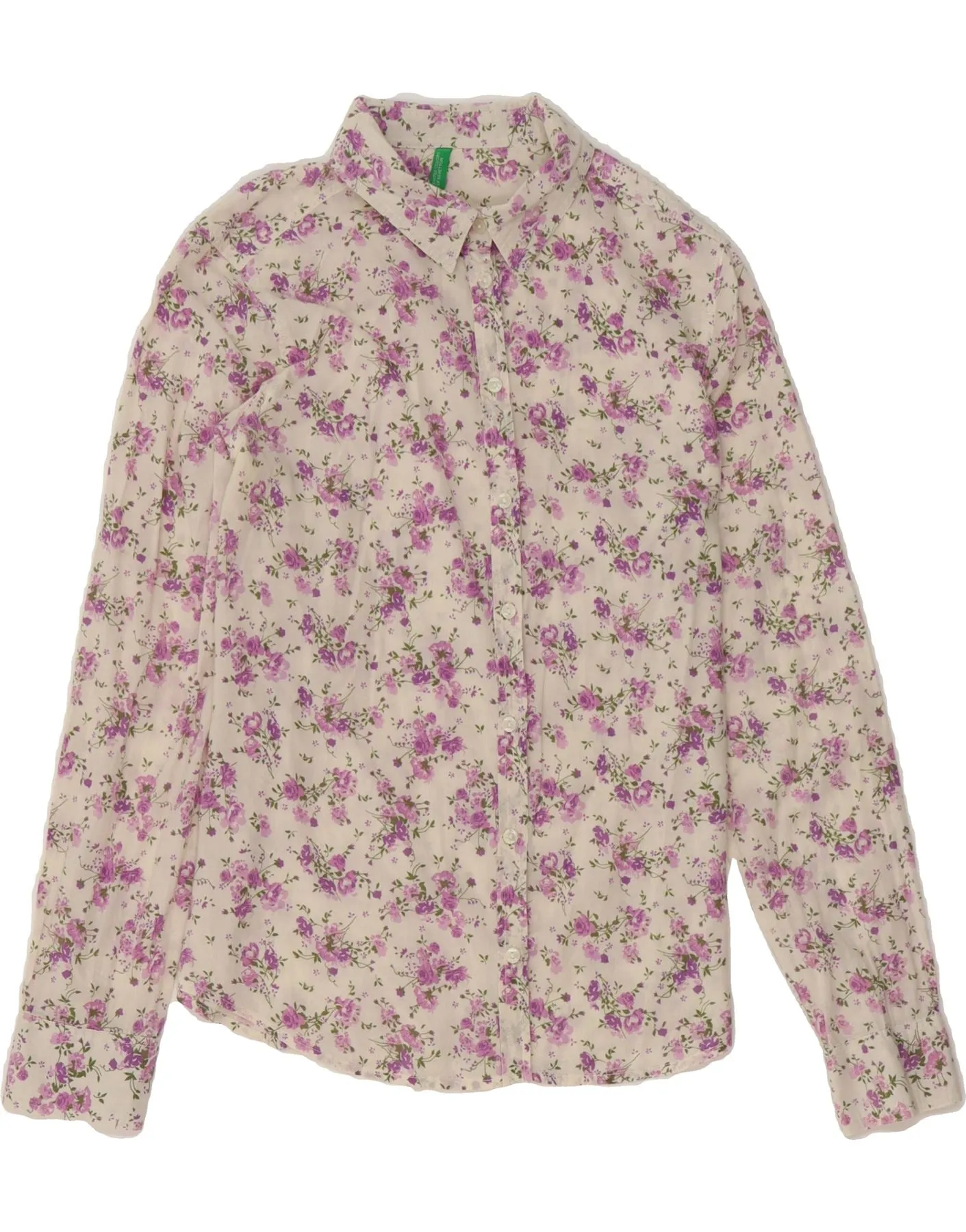 Short Sleeve BENETTON Womens Shirt UK 12 Medium Off White Floral