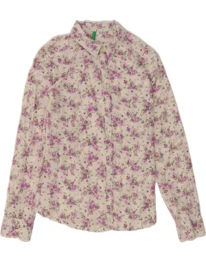 Short Sleeve BENETTON Womens Shirt UK 12 Medium Off White Floral