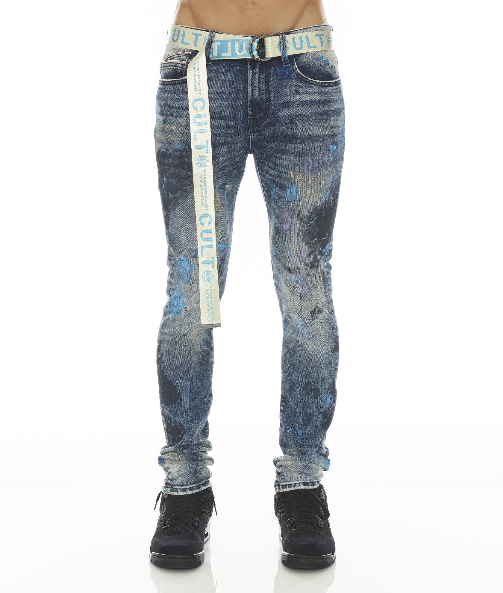 PUNK SUPER SKINNY STRETCH w/BABY BLUE BELT IN ABSTRACT Modern Straight Leg
