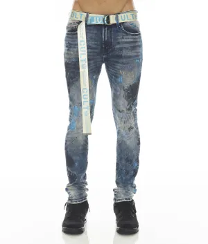 PUNK SUPER SKINNY STRETCH w/BABY BLUE BELT IN ABSTRACT Modern Straight Leg