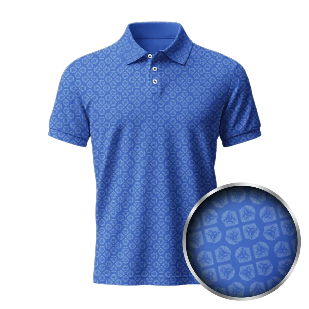 Tailored Fit Lion Shield Royal Blue & Grey Pattern Print Short Sleeve Polo (Classic Fit)