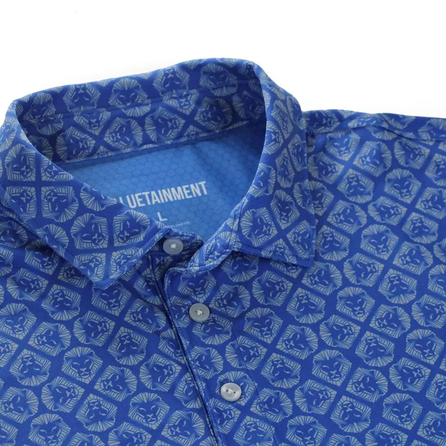 Breathable Underarm Vents Lion Shield Royal Blue & Grey Pattern Print Short Sleeve Polo (Classic Fit)