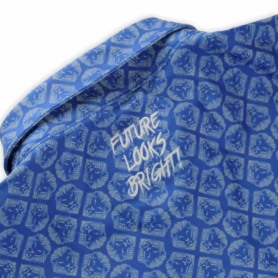 Lion Shield Royal Blue & Grey Pattern Print Short Sleeve Polo (Classic Fit) Sporty Fit ButtonDown Collar