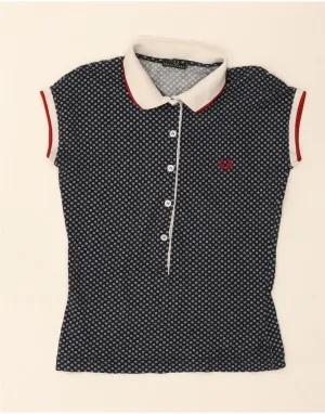 FRED PERRY Womens Polo Shirt UK 12 Medium Navy Blue Floral Cotton Chic Outfit Unisex Core