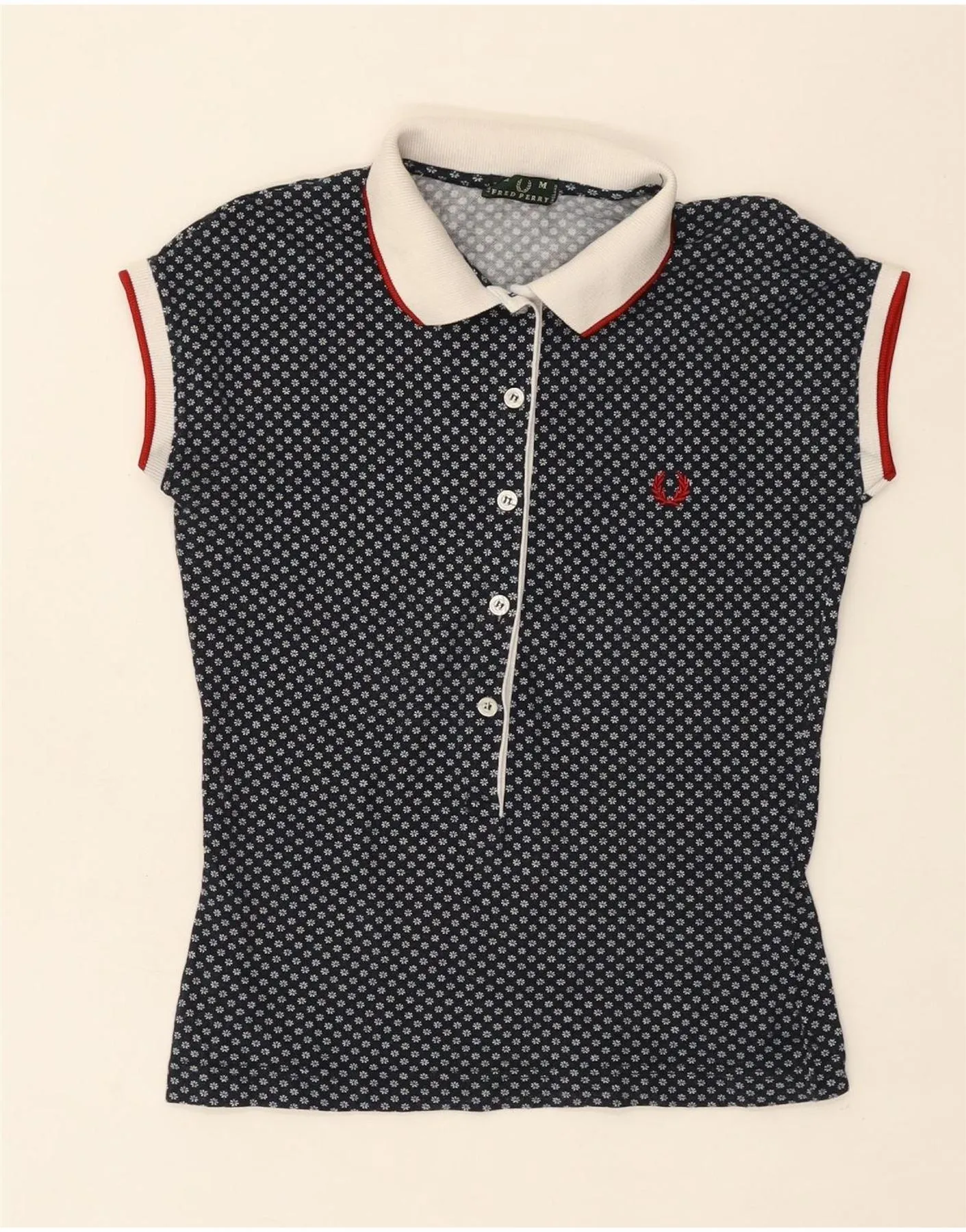 FRED PERRY Womens Polo Shirt UK 12 Medium Navy Blue Floral Cotton Chic Outfit Unisex Core