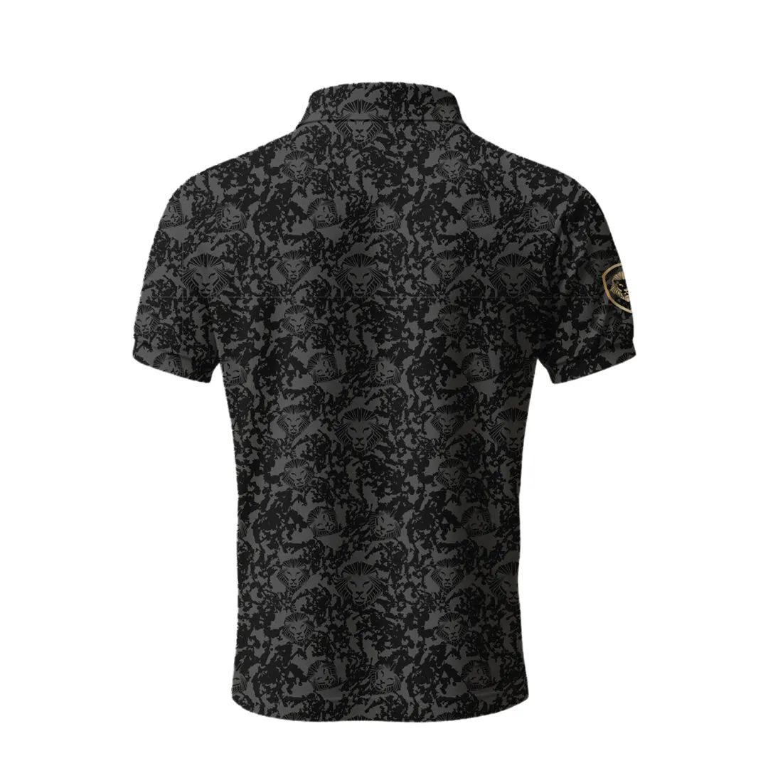 Lion Shield Charcoal Grey Pattern Print Short Sleeve Polo (Classic Fit) Modern Casual Contrast Trim Detail