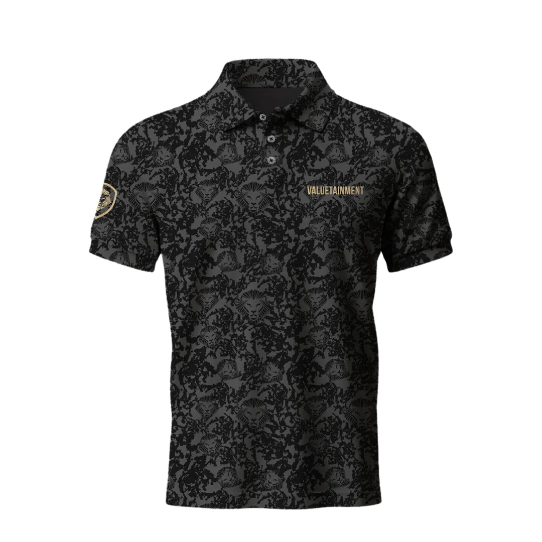 Relaxed Layering Polished Look Lion Shield Charcoal Grey Pattern Print Short Sleeve Polo (Classic Fit)