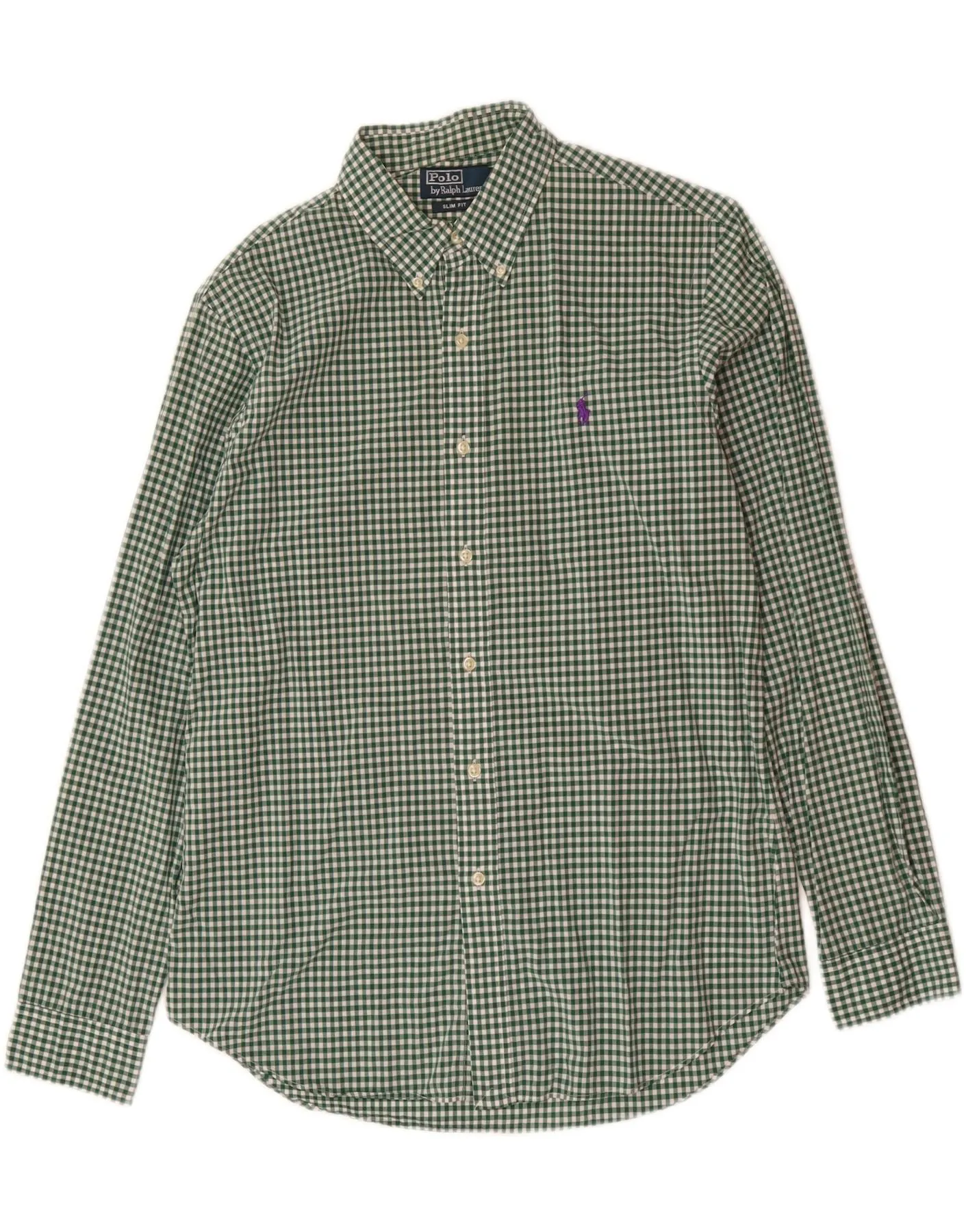 Matte Look POLO RALPH LAUREN Mens Slim Fit Shirt Large Green Gingham Cotton