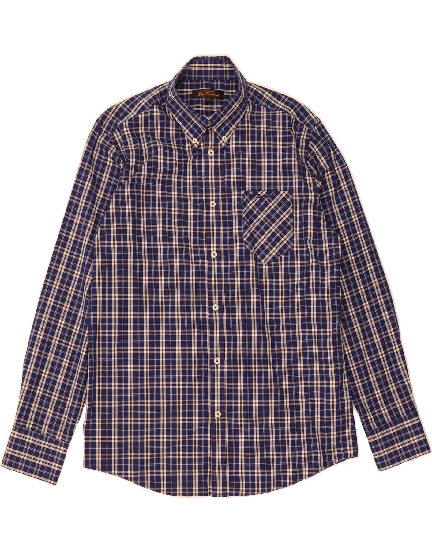 BEN SHERMAN Mens Shirt Medium Navy Blue Check Cotton Cocktail Event High Density Weave