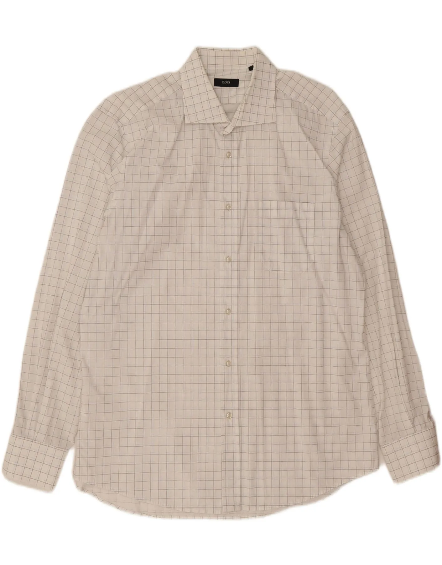 HUGO BOSS Mens Shirt Size 44 17 1/2 XL White Check Cotton Subtle Print