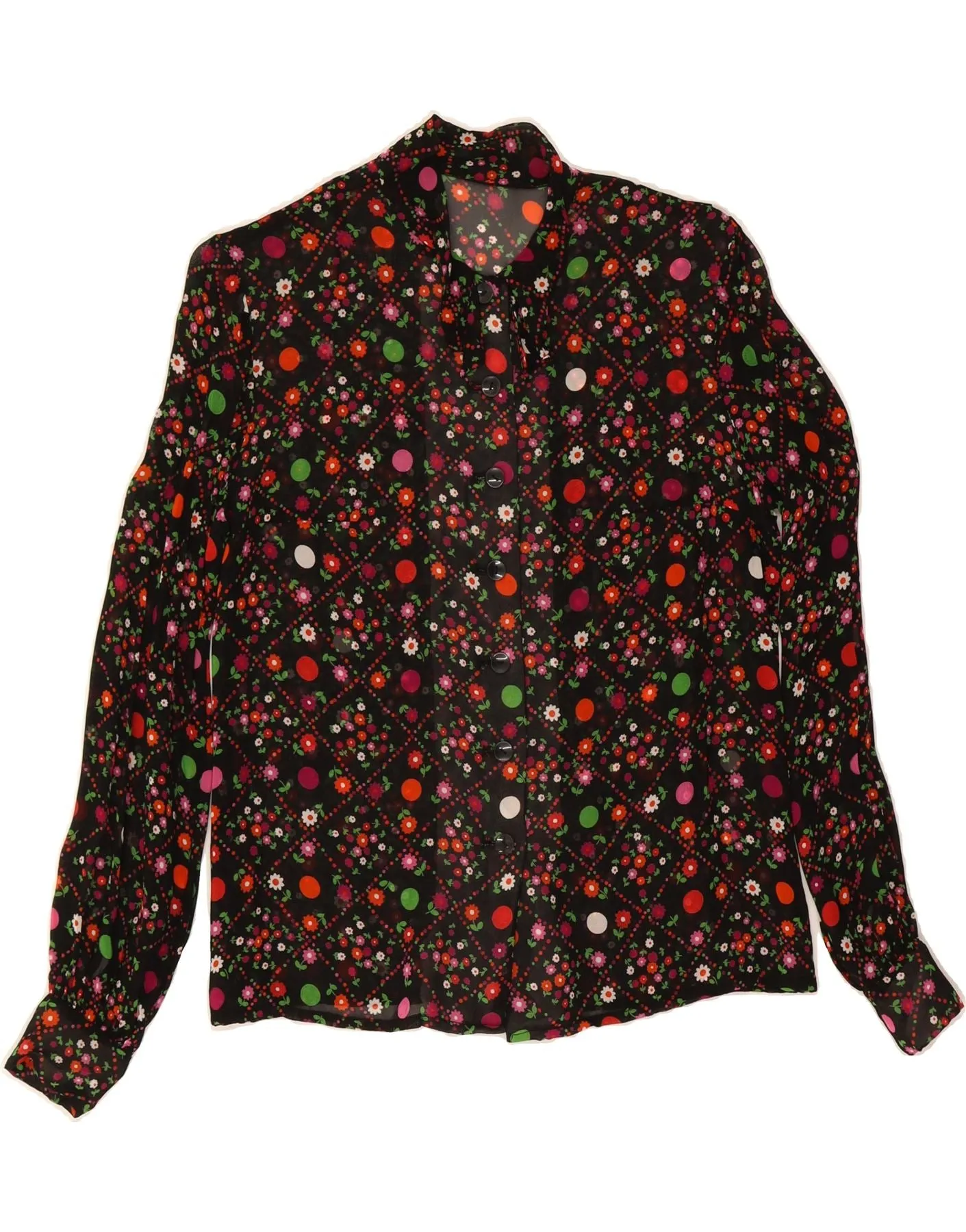 VINTAGE Womens Shirt Blouse UK 10 Small Black Floral Spring Collection Sheer Panel
