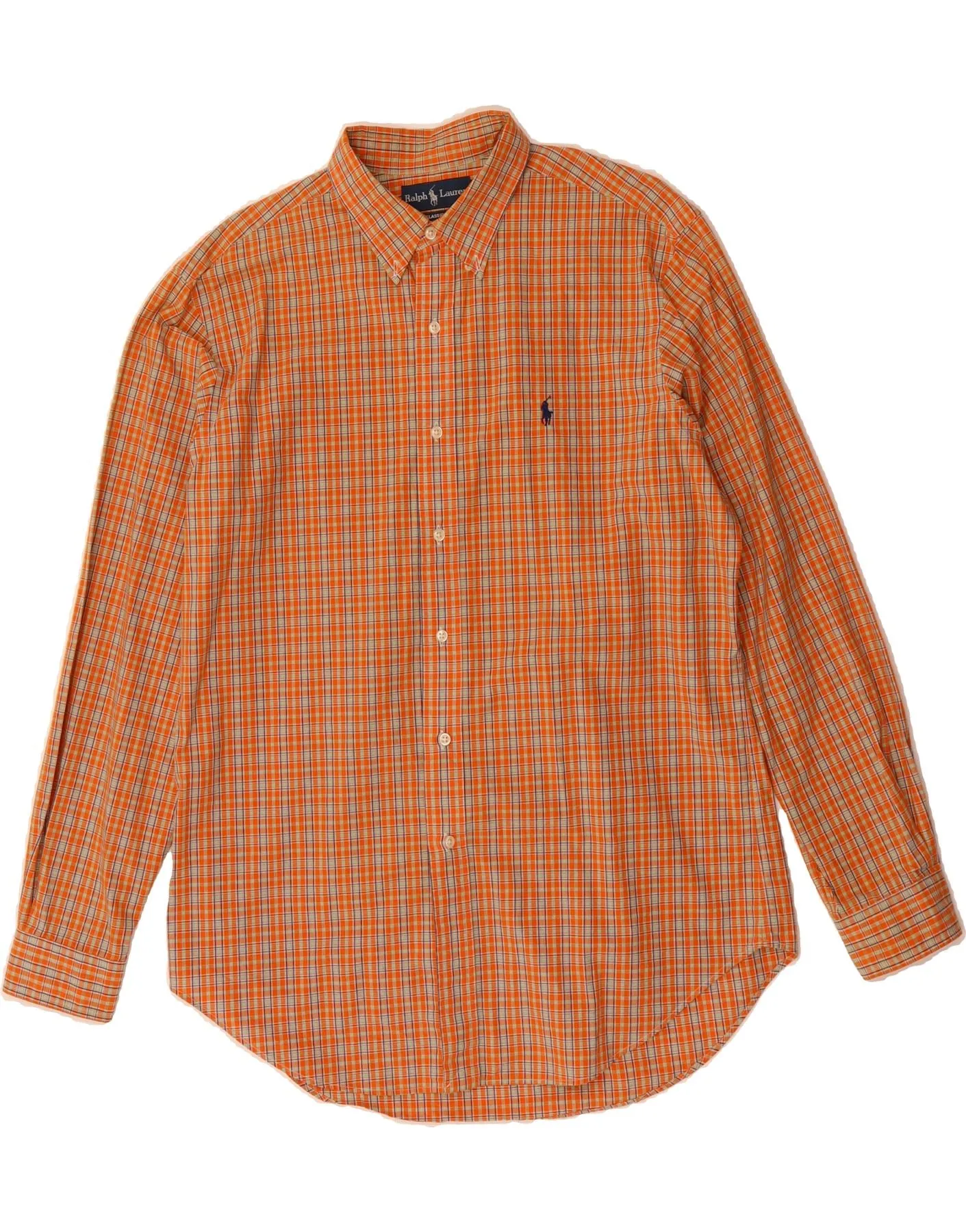 Reinforced Shoulders RALPH LAUREN Mens Classic Fit Shirt Large Orange Check