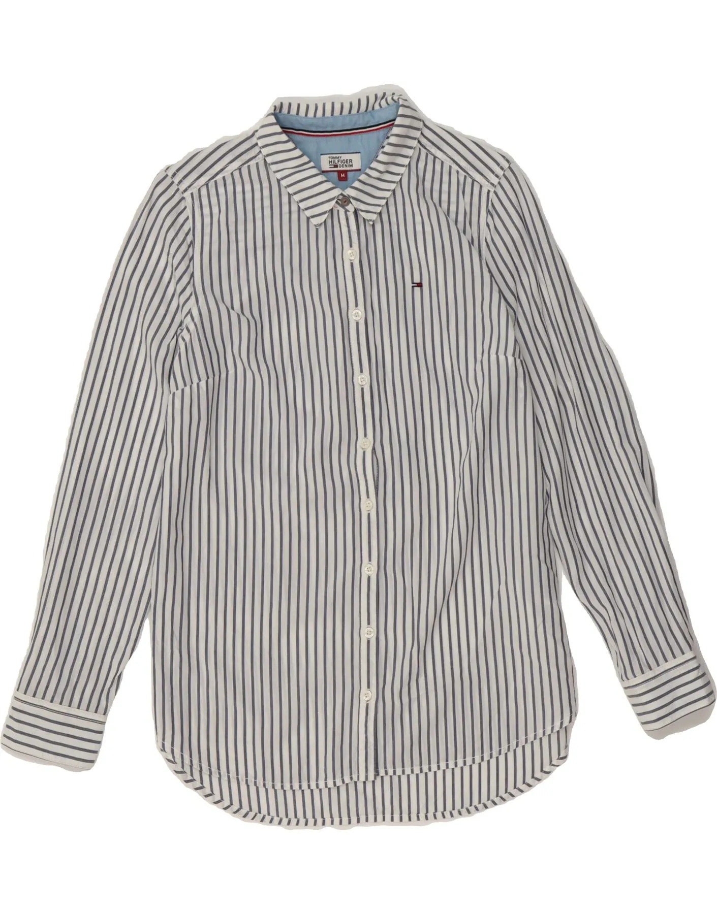 TOMMY HILFIGER Womens Shirt UK 14 Medium Blue Striped Lyocell Checkered Print Clean Edge Trim