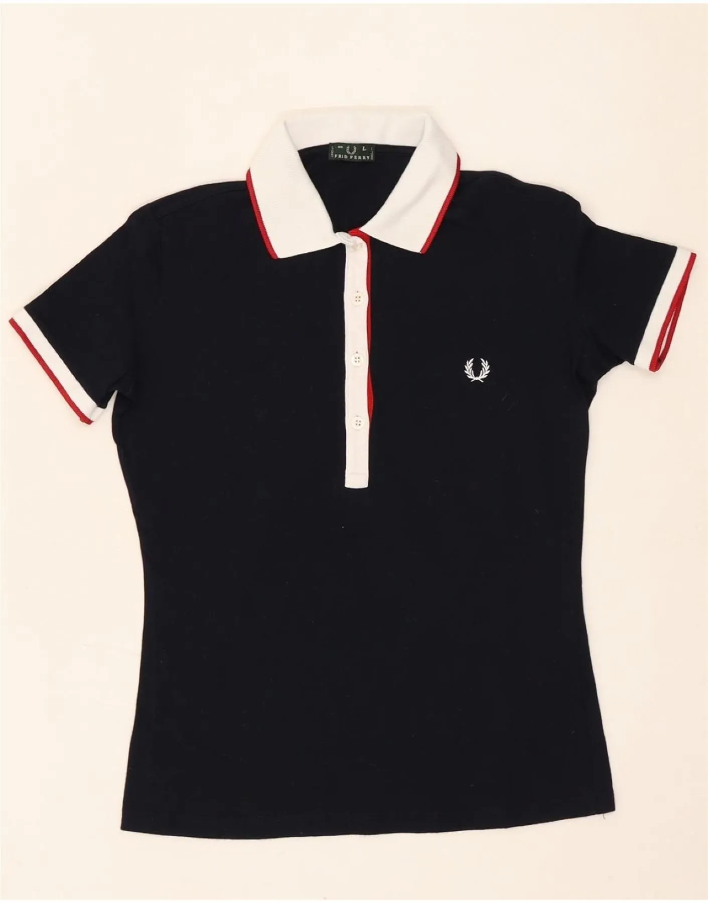 FRED PERRY Womens Polo Shirt UK 14 Large Navy Blue Cotton Chilly Comfort Wear Flexible Neckline