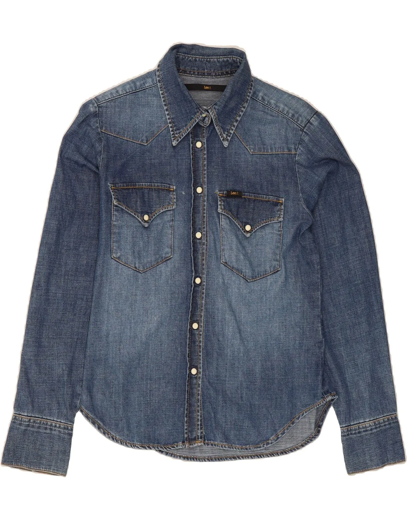 Pre Shrunk Cotton Blend LEE Womens Denim Shirt UK 10 Small Blue Cotton