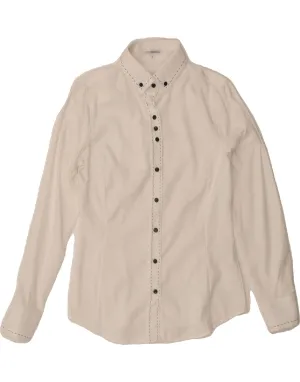 NARACAMICIE Womens Shirt UK 12 Medium White Cotton Embroidered Logo Shimmer Effect