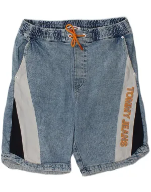 TOMMY HILFIGER Mens Graphic Denim Shorts Medium W32  Blue Colourblock Sleek Shape Sun Protection