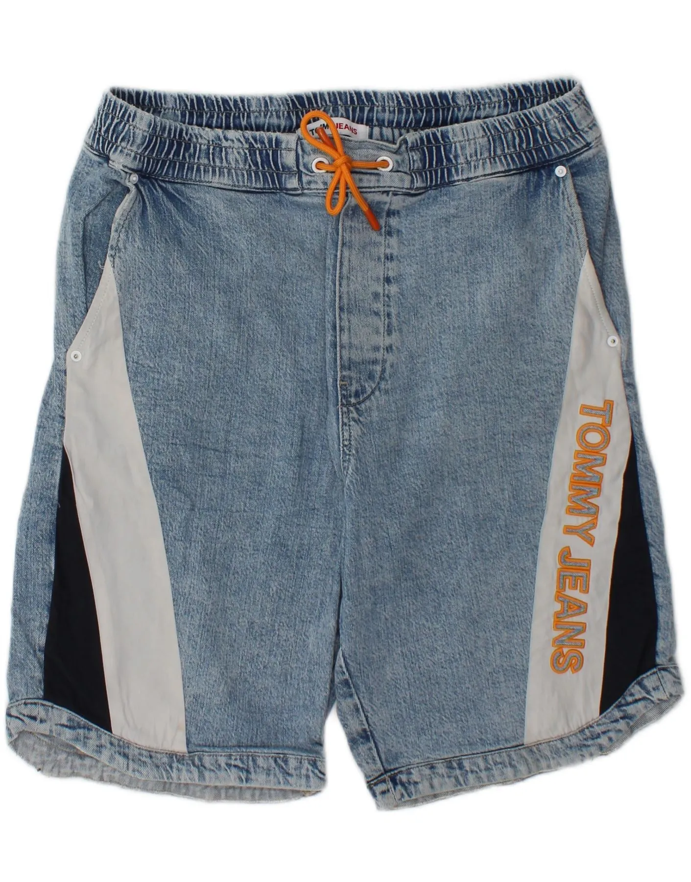 TOMMY HILFIGER Mens Graphic Denim Shorts Medium W32  Blue Colourblock Sleek Shape Sun Protection