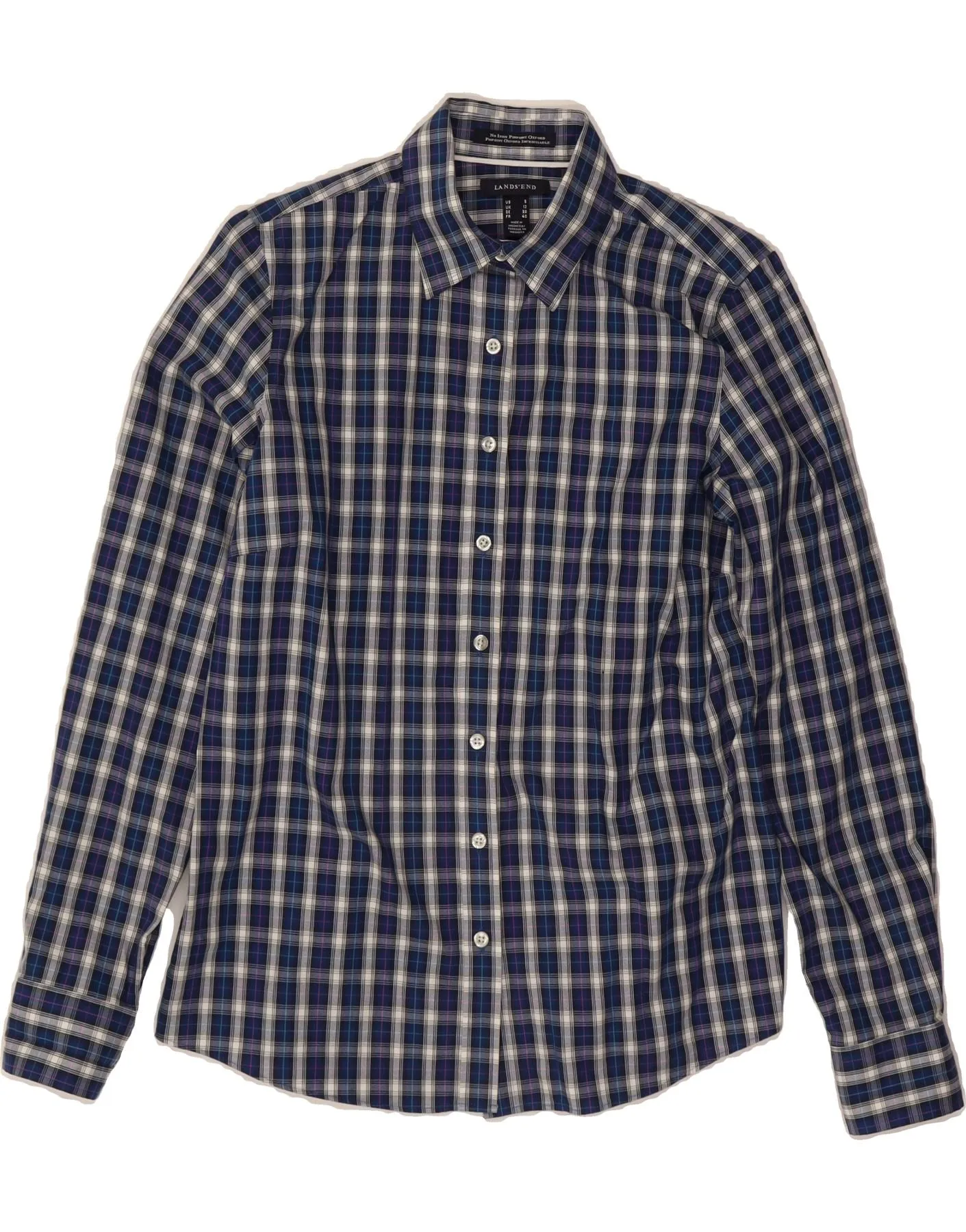 Breathable Underarm Vents LANDS END Womens Shirt UK 12 Medium Navy Blue Check Cotton