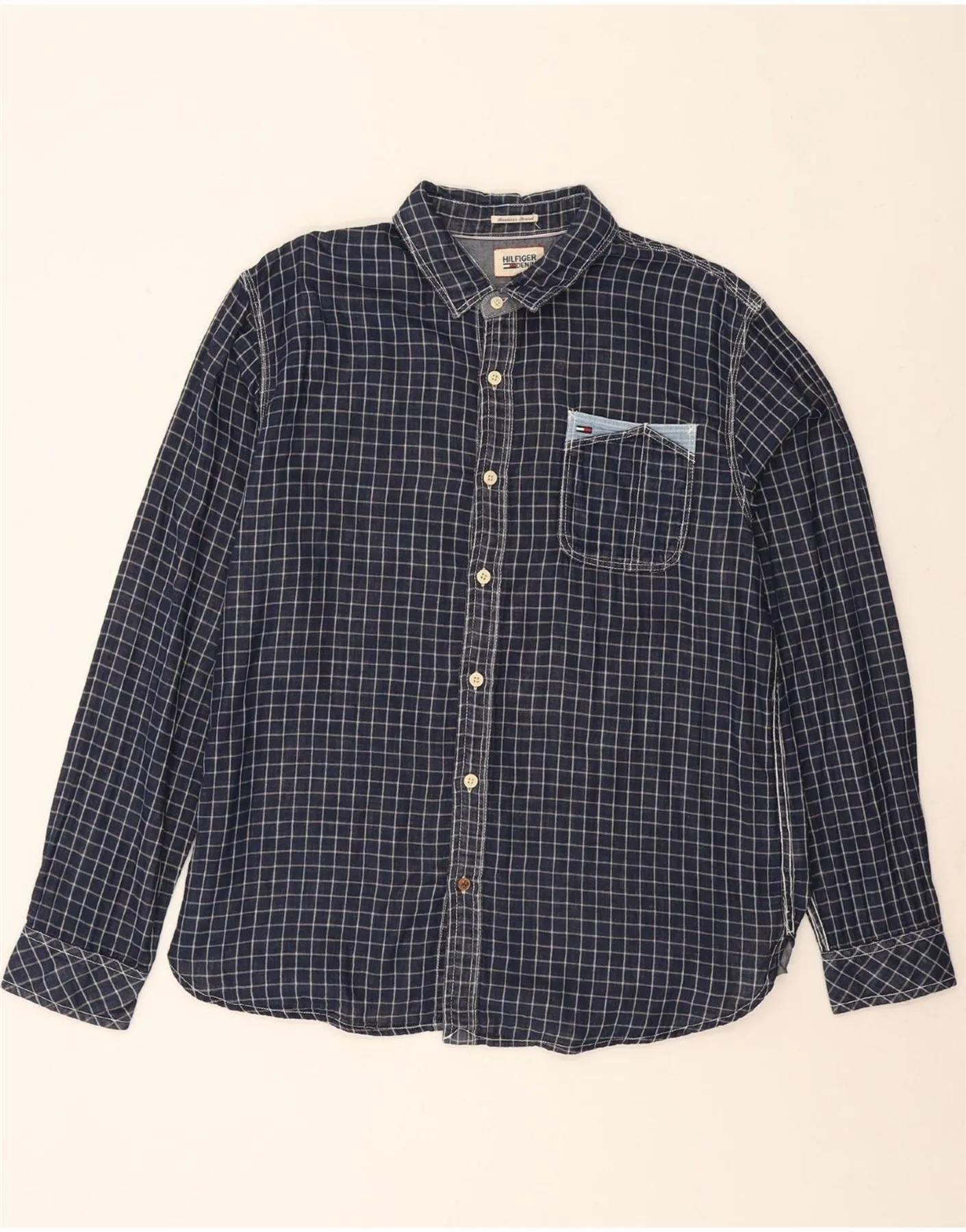 TOMMY HILFIGER Mens Shirt XL Navy Blue Check Cotton Work Appropriate Sustainable fashion