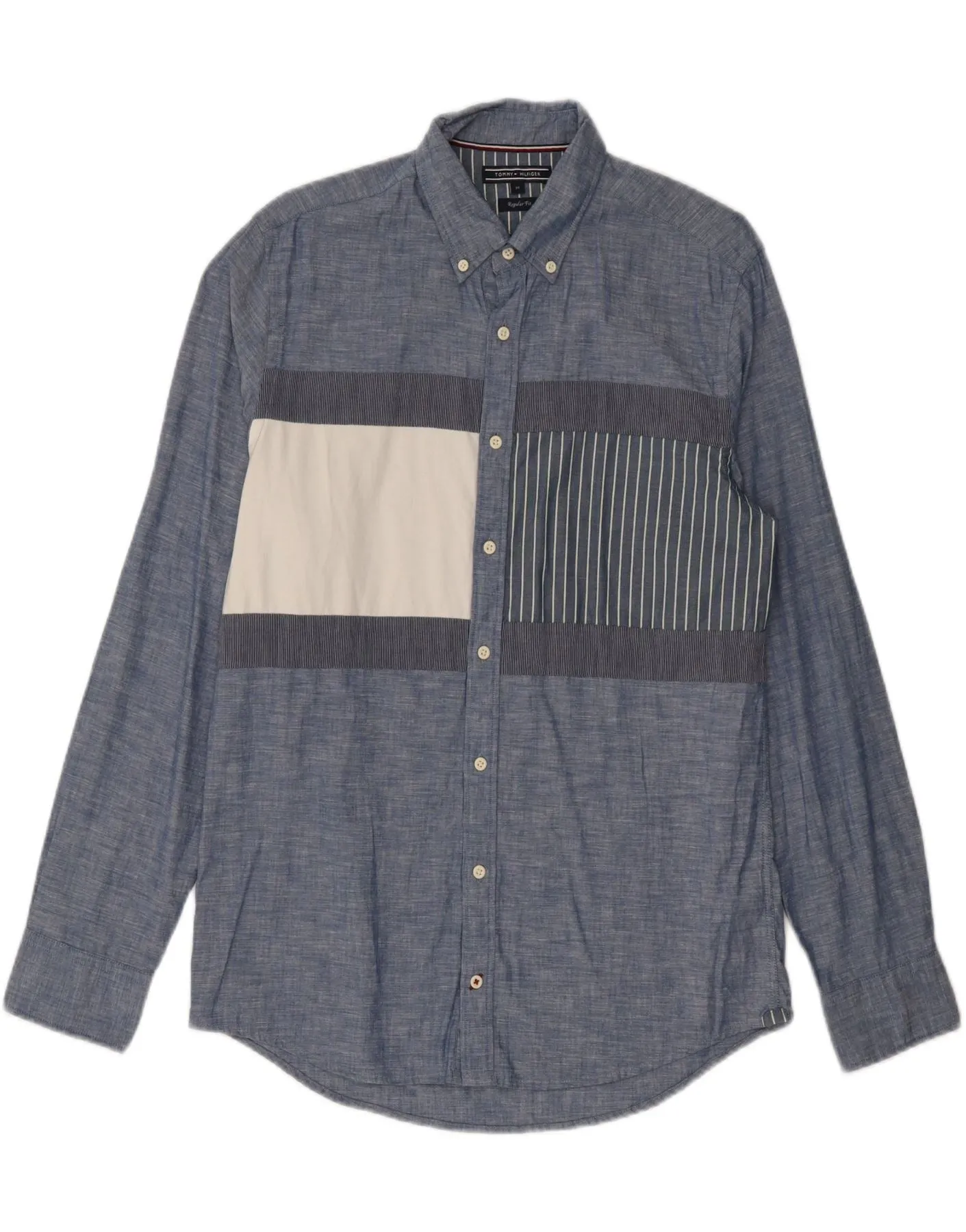 Flexible Placket Structure Camouflage Print TOMMY HILFIGER Mens Regular Fit Shirt Medium Blue Colourblock Cotton