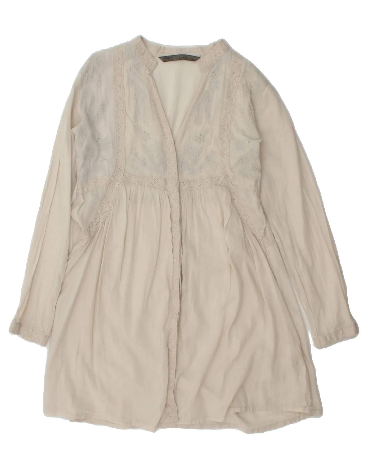 ZARA Womens Shirt Dress UK 10 Small White Floral Tailored Cuffs