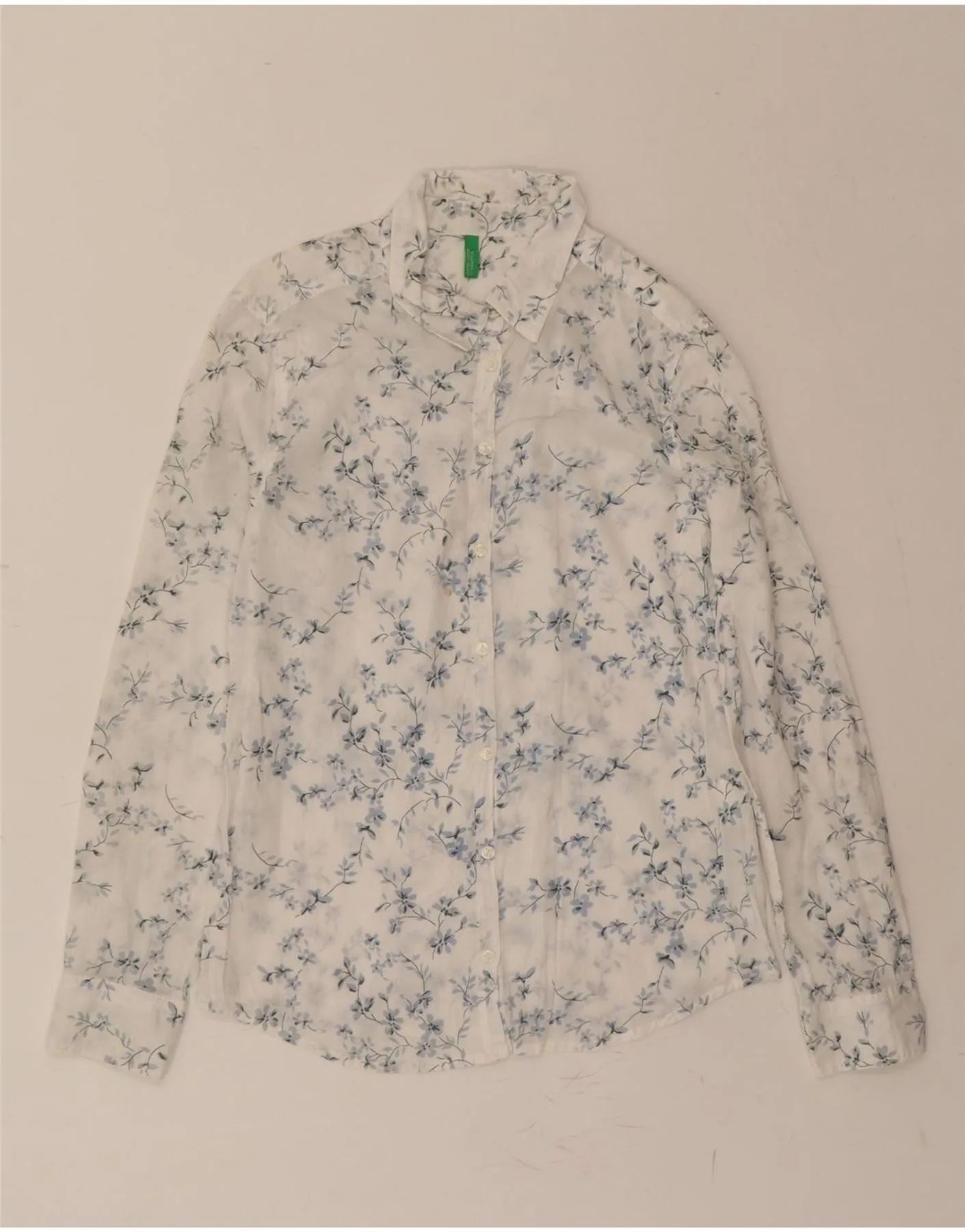 BENETTON Womens Shirt UK 10 Small White Floral Cotton Job Interview