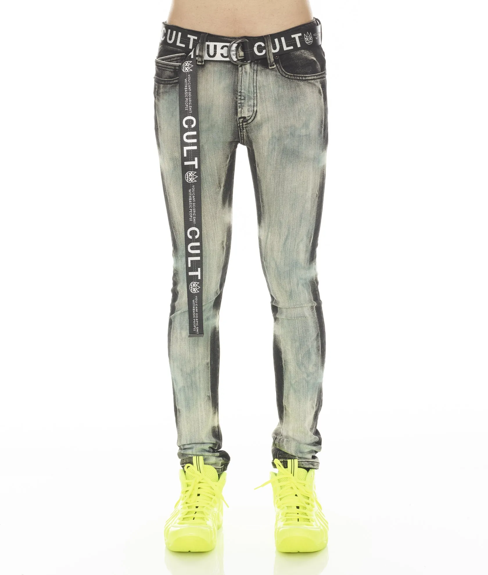 Flexible Waistband PUNK SUPER SKINNY STRETCH W/ WHITE BELT IN GLAZED