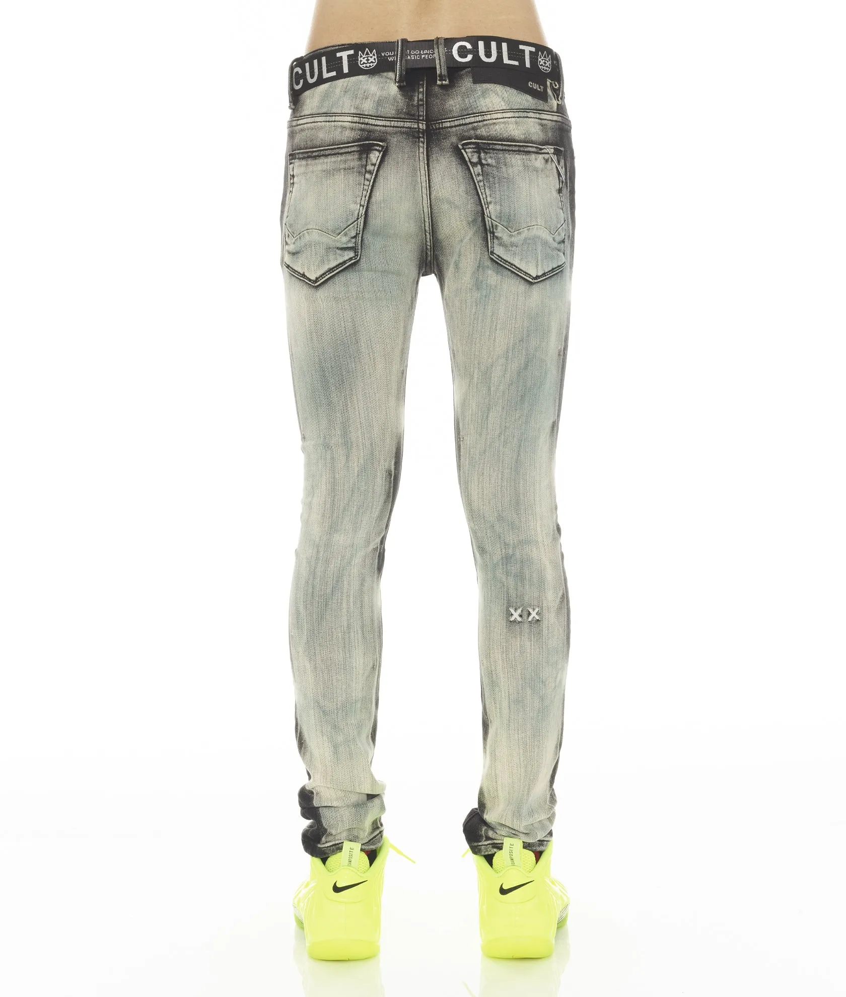 PUNK SUPER SKINNY STRETCH W/ WHITE BELT IN GLAZED Streetwear Fan Evening Stroll Elegant