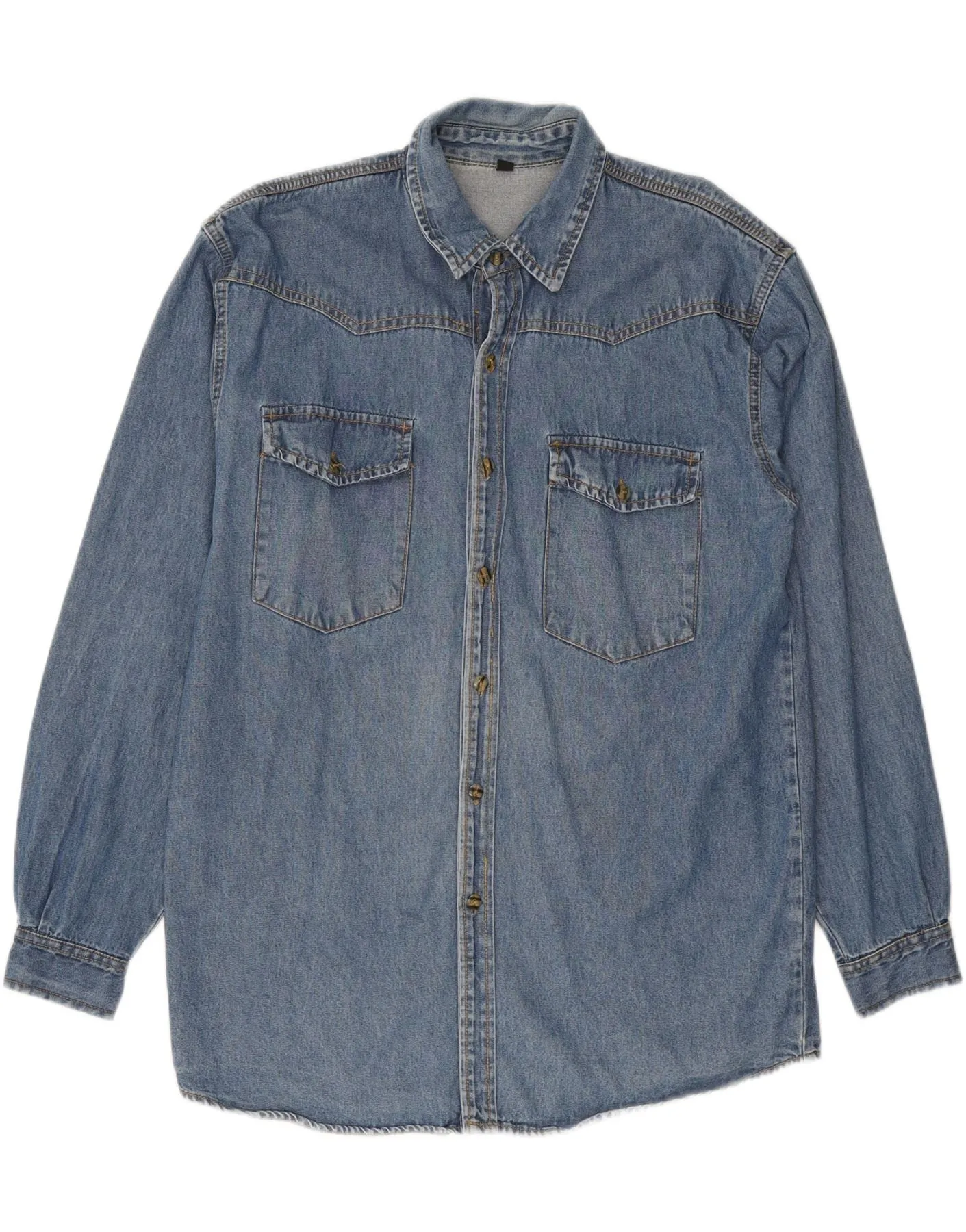 VINTAGE Mens Denim Shirt Medium Blue Cotton Plus Size Stretchy Cloth