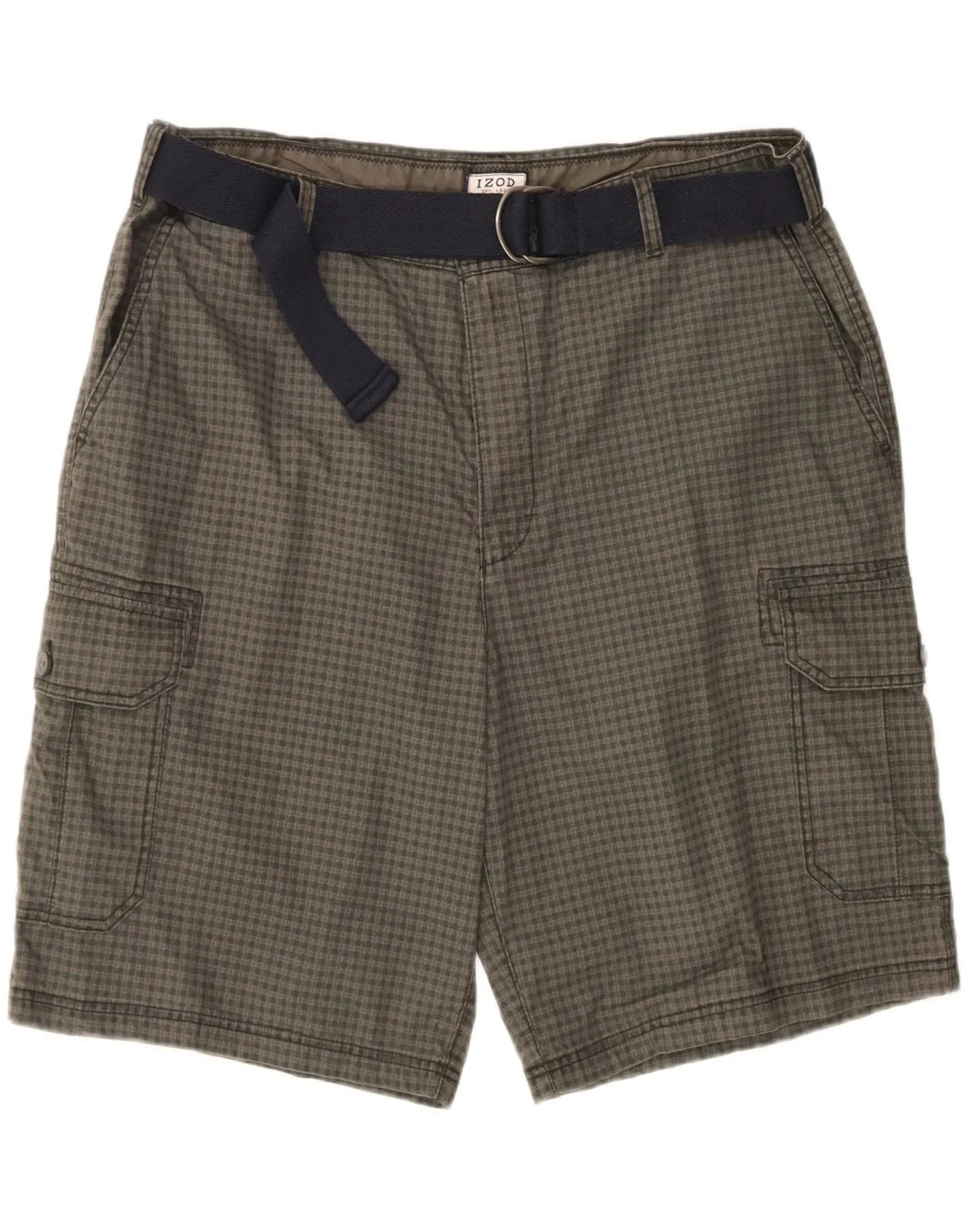 IZOD Mens Cargo Shorts  W42 2XL Khaki Gingham Cotton Everyday Fit
