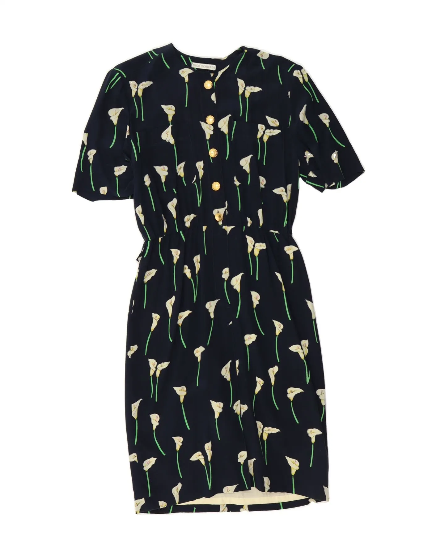 VINTAGE Womens Shirt Dress IT 42 Medium Navy Blue Floral Silk Wardrobe Must-Have High Density Weave