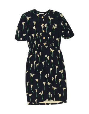VINTAGE Womens Shirt Dress IT 42 Medium Navy Blue Floral Silk Wardrobe Must-Have High Density Weave