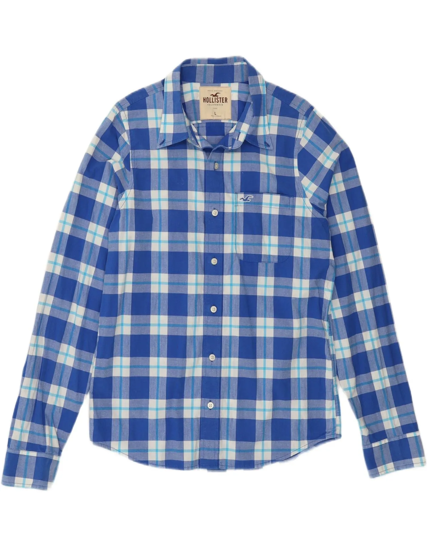 All Day Comfort Tech HOLLISTER Mens Shirt Large Blue Check Cotton