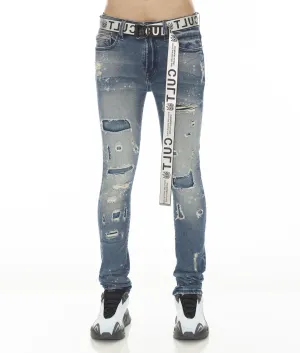 PUNK SUPER SKINNY STRETCH W/ WHITE BELT IN BASIL Articulated Knee Shape