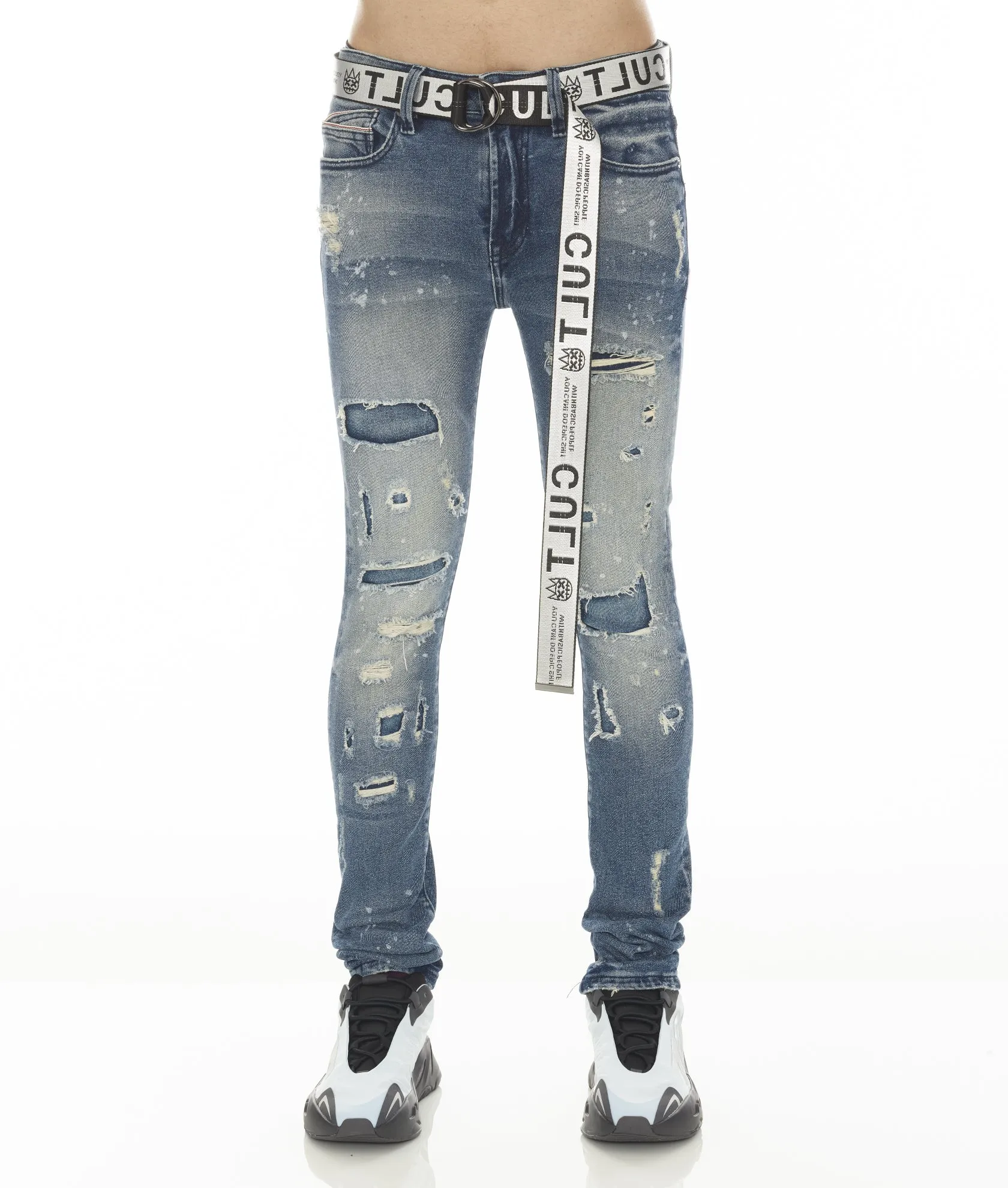PUNK SUPER SKINNY STRETCH W/ WHITE BELT IN BASIL Articulated Knee Shape