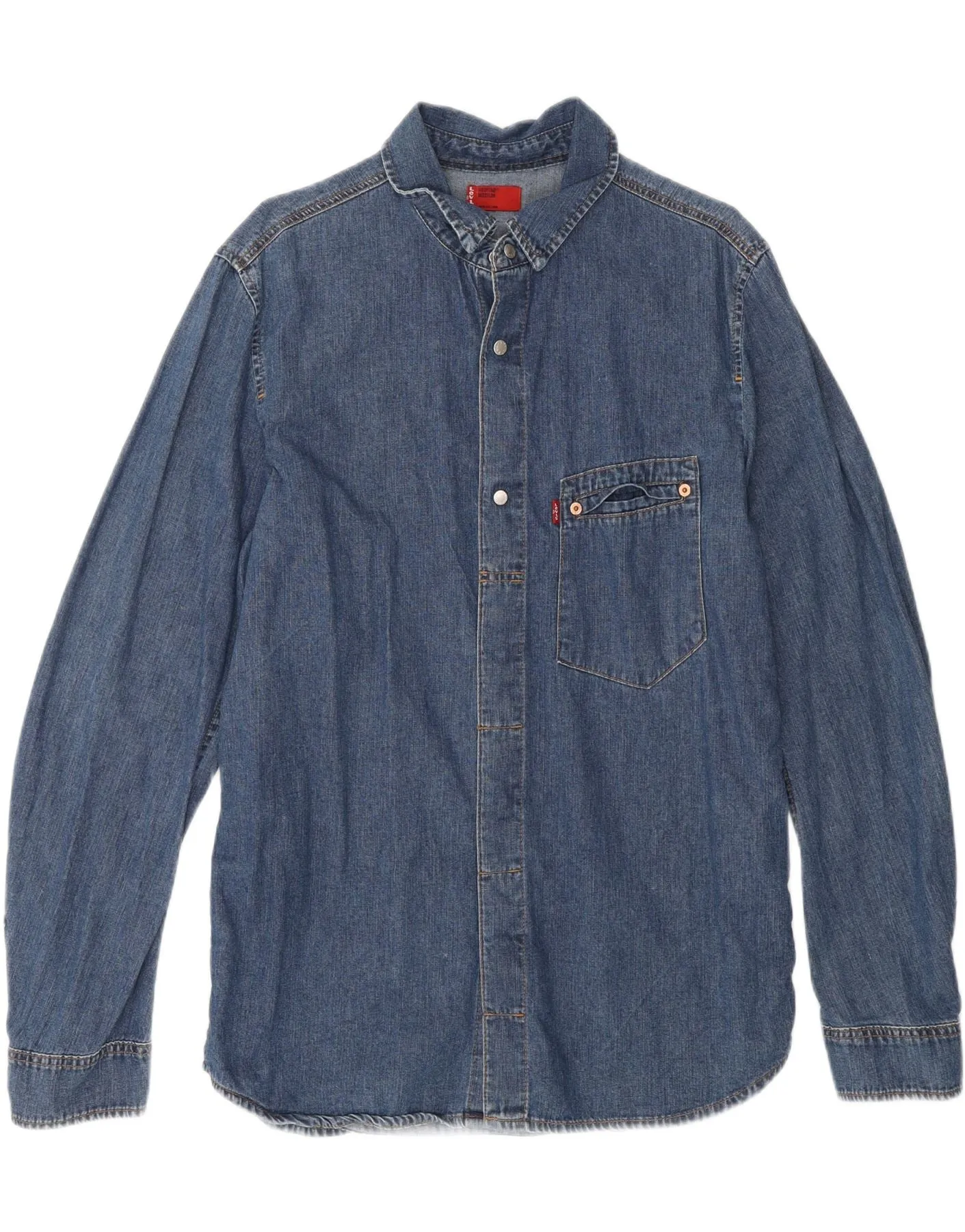 LEVI'S Mens Denim Shirt Medium Blue Cotton Eco Dye Technique Asymmetrical Cut